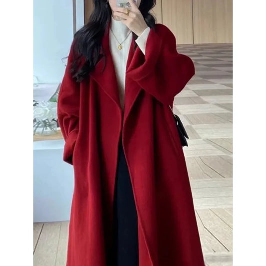 Trendy Red Loose-fit Medium-length Woolen Spring New Thickened Short Coat