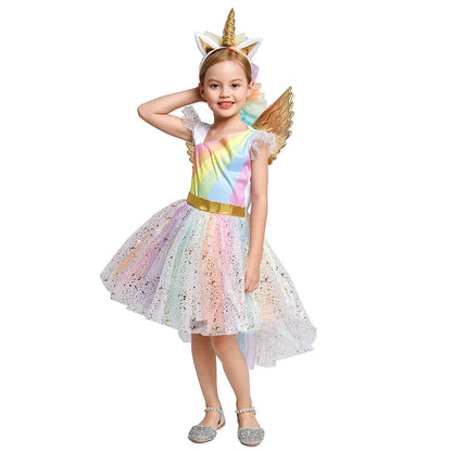 Unicorn Dress Girls Rainbow Princess Dance Ball Birthday Party Halloween Cosplay Costume Kid Costume