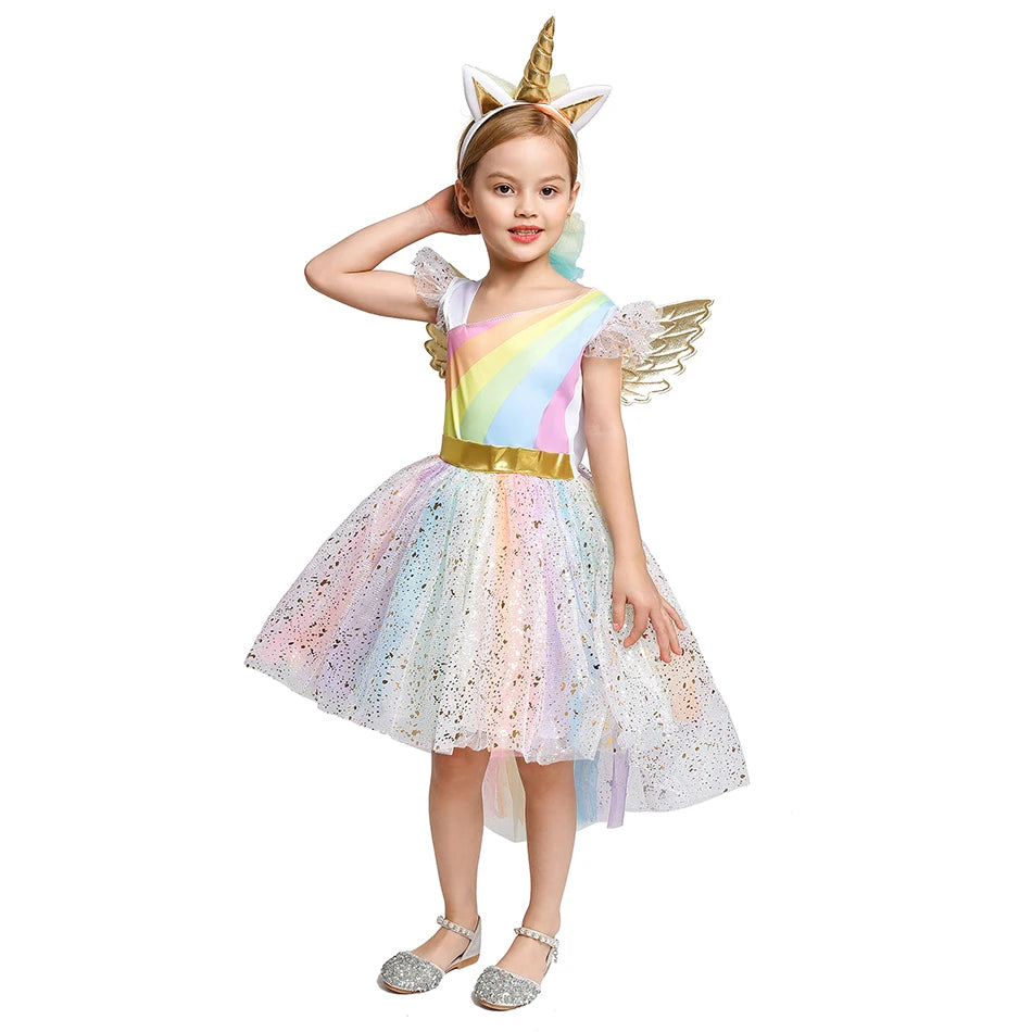 Unicorn Dress Girls Rainbow Princess Dance Ball Birthday Party Halloween Cosplay Costume Kid Costume