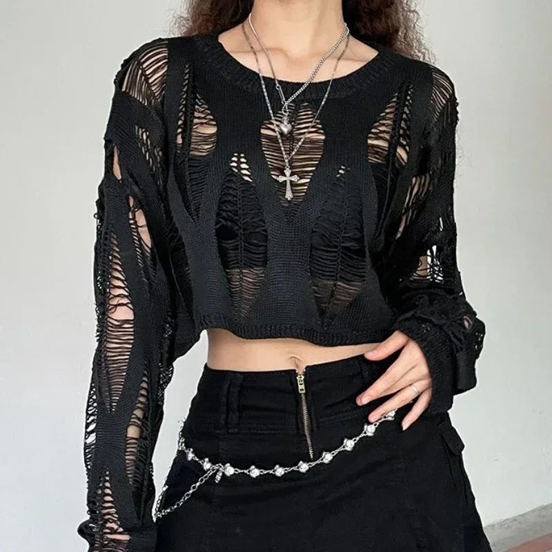 Vintage Hole Ripped Sexy Fashion Cropped Hollow Spring Sweater