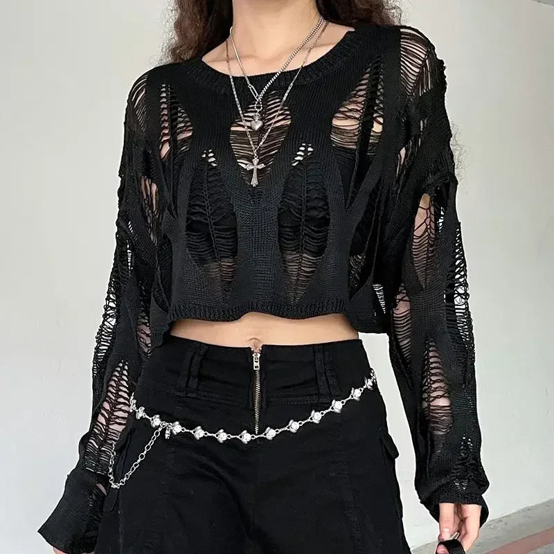 Vintage Hole Ripped Sexy Fashion Cropped Hollow Spring Sweater