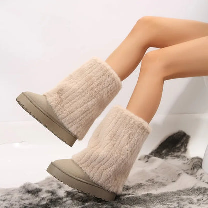 Winter Fashion Women's Plush Boots Faux Fur Warm and Comfortable Thick Soled Knee-High Boots Furry Cute Outdoor Snow Boots