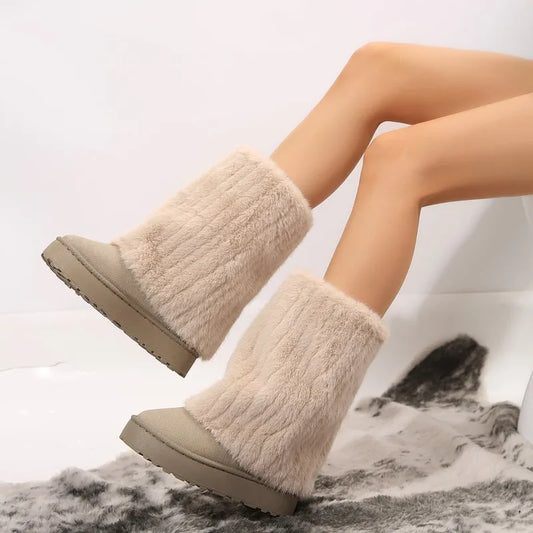 Winter Fashion Women's Plush Boots Faux Fur Warm and Comfortable Thick Soled Knee-High Boots Furry Cute Outdoor Snow Boots