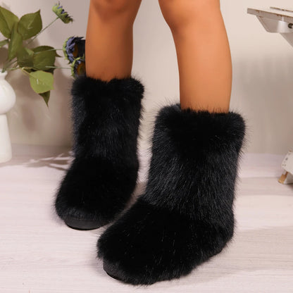 Winter Fuzzy Boots Women Furry Shoes Fluffy Fur Snow Boots Plush lining Slip-on Rubber Flat Outdoor Bowtie Warm Ladies Footwear