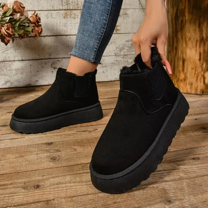 Short Plush Warm Suede Fur Chelsea Ankle Platform Ladies Snow Boot