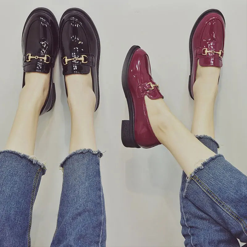 British Style Retro Patent Leather Buckle Fashion Solid Hedging Flats Loafers