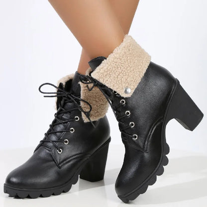 Fashion Solid Platform Chunky Heel Lace Up Classic Snow Boot