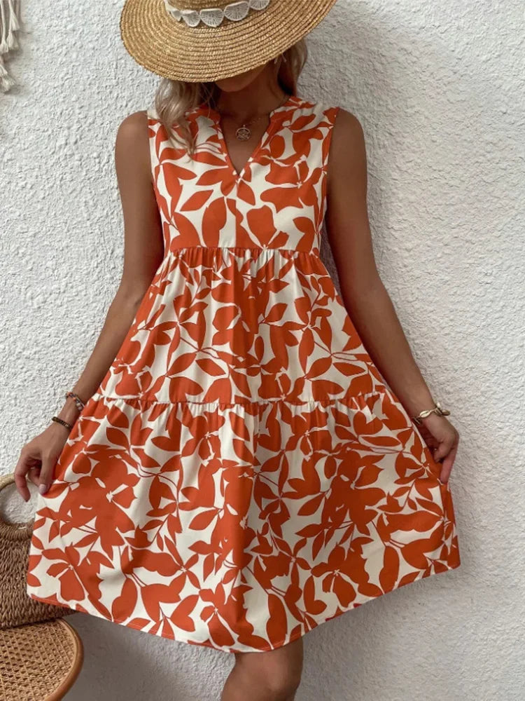 Women Boho Print Mini Elegant Sleeveless Ruffle A Line Tank Casual Beach Midi Dresses