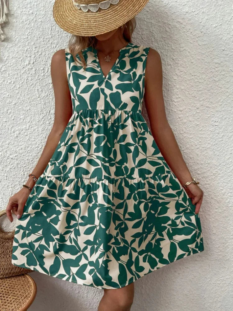 Women Boho Print Mini Elegant Sleeveless Ruffle A Line Tank Casual Beach Midi Dresses