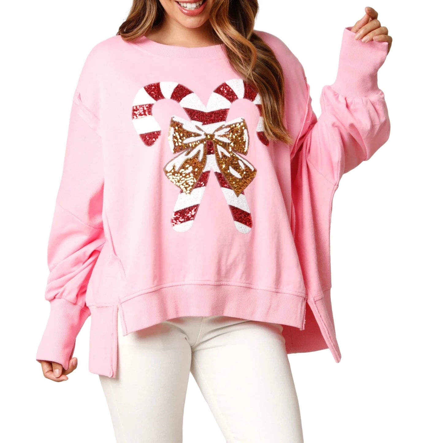 Sequin Candy Cane Oversized Side Slit Sparkly Pullover Hoodie - Christmas Holiday Theme