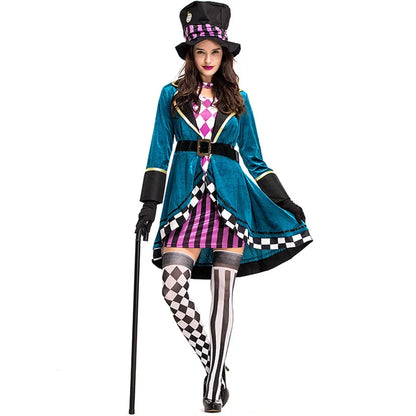 Women Mad Hatter Cosplay Fancy Dress Magic Show Tuxedo Halloween Carnival Costume