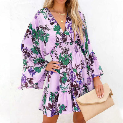 Flared Boho Floral Print Ruffles Long Sleeve Mini Casual Beach Sundress