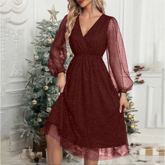 Elegant A-Line Mini Evening V Neck Mesh Long Sleeve Glitter Party Club High Waist Tulle Formal Dress