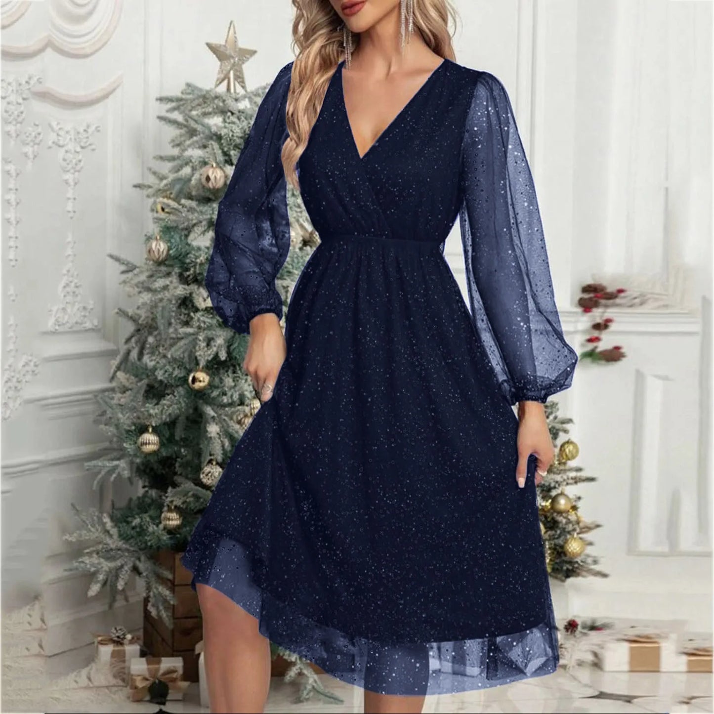 Elegant A-Line Mini Evening V Neck Mesh Long Sleeve Glitter Party Club High Waist Tulle Formal Dress