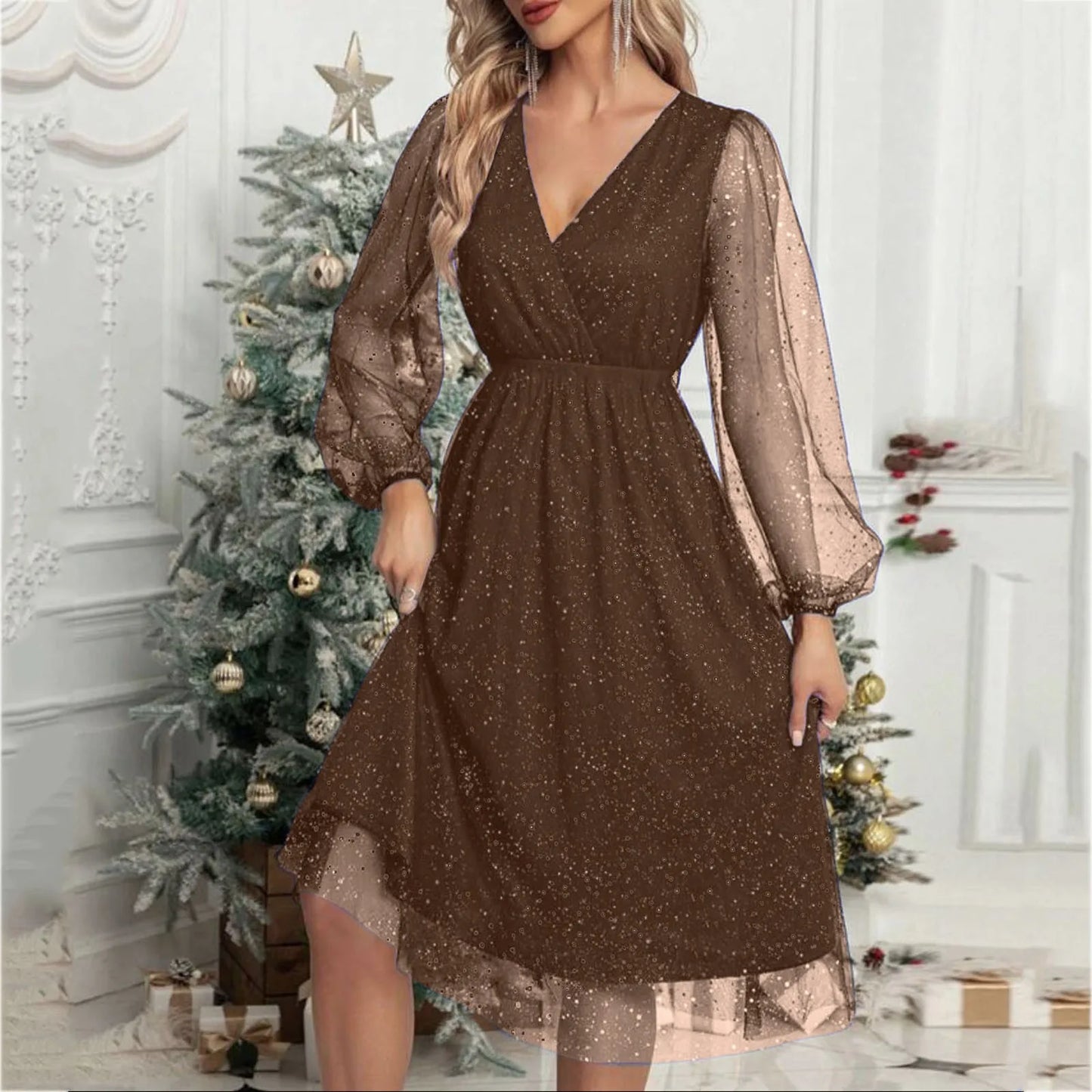 Elegant A-Line Mini Evening V Neck Mesh Long Sleeve Glitter Party Club High Waist Tulle Formal Dress