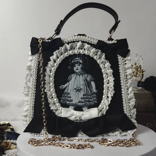 Vintage Punk Black White Doll Satchels Bowtie Imitation Pearl Lace Bag