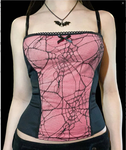 Gothic Spider Web Pattern Sleeveless Backless Zipper Crop Top