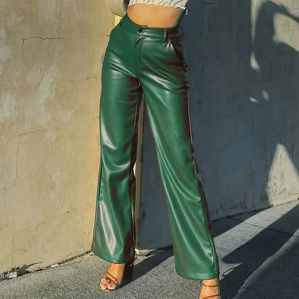 High Waist Solid Color Retro Slim Fit Straight Wide Leg Faux Leather Pants