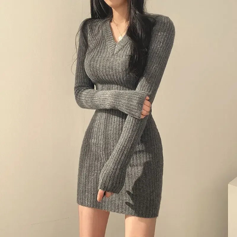 Women Knit Sexy V-Neck Long Solid Casual  Sweater Autumn Winter Midi Dresses