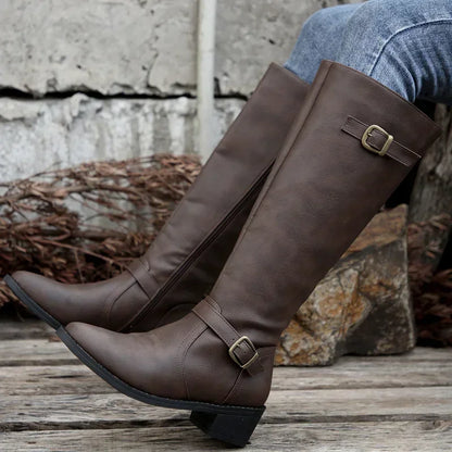 Women PU Leather Autumn Winter Round Toe Knight Platform Square Heel Knee High Boots