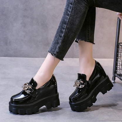 Patent Leather Breathable Chain Chunky High Heels Platform Sneakers Loafers