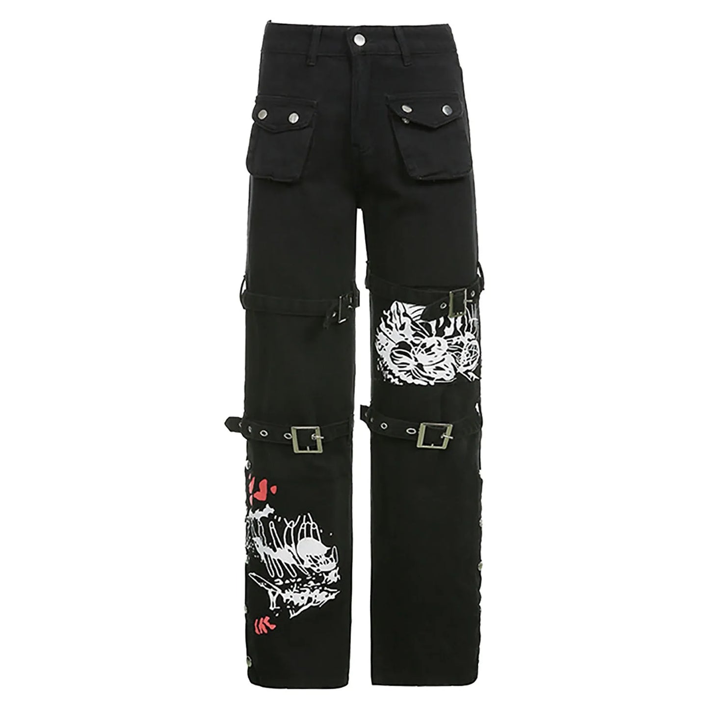 Gothic Retro Washed Print Low-Rise Cool Loop Hip Hop Wide-Leg Street Pants