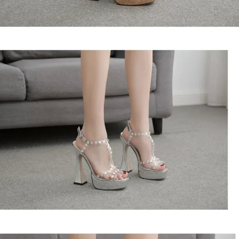 Transparent PVC Rhinestones Peep Toe Super High Heel Buckle Strap High Heel