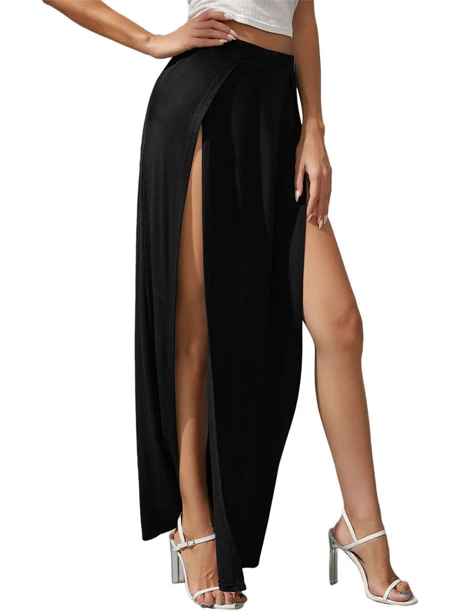 Side Split High Waisted Stretchy Ribbed Knit Bodycon Casual Party Skirt