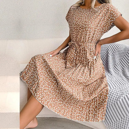 Women Spring Short Waist Chic Floral Pleated A Line Long Midi Dresses