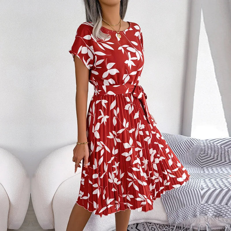 Women Spring Short Waist Chic Floral Pleated A Line Long Midi Dresses