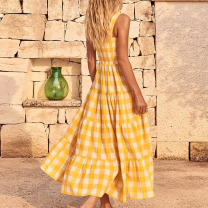 Fashionable Loose Strappy Plaid Vacation Beach Party Sleeveless Casual Tiered Midi Dress