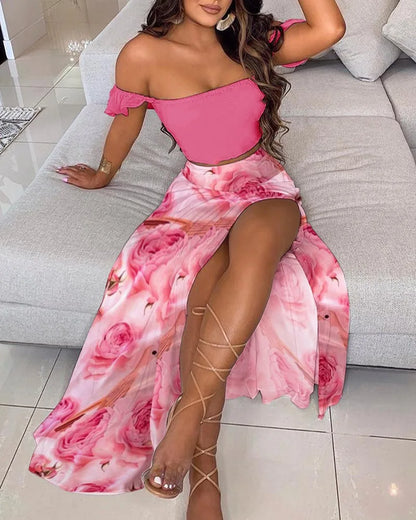 DressBetty - Summer Floral Print Elegant Sexy Off Shoulder Split Long Maxi Skirt