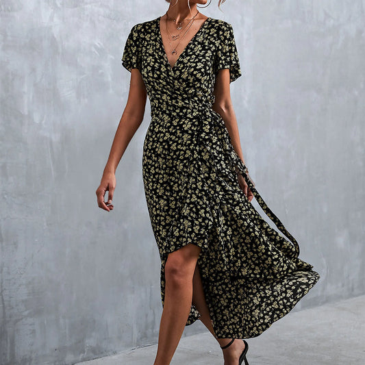 Chic Summer V Neck Short Sleeve Split Wrap Floral Maxi Waist Tie Casual Flowy Long Boho Beach Femme Robe Dress