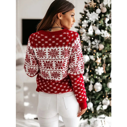 Snowflake Printed Long Sleeve O Neck Ladies Jumper Christmas Sweater