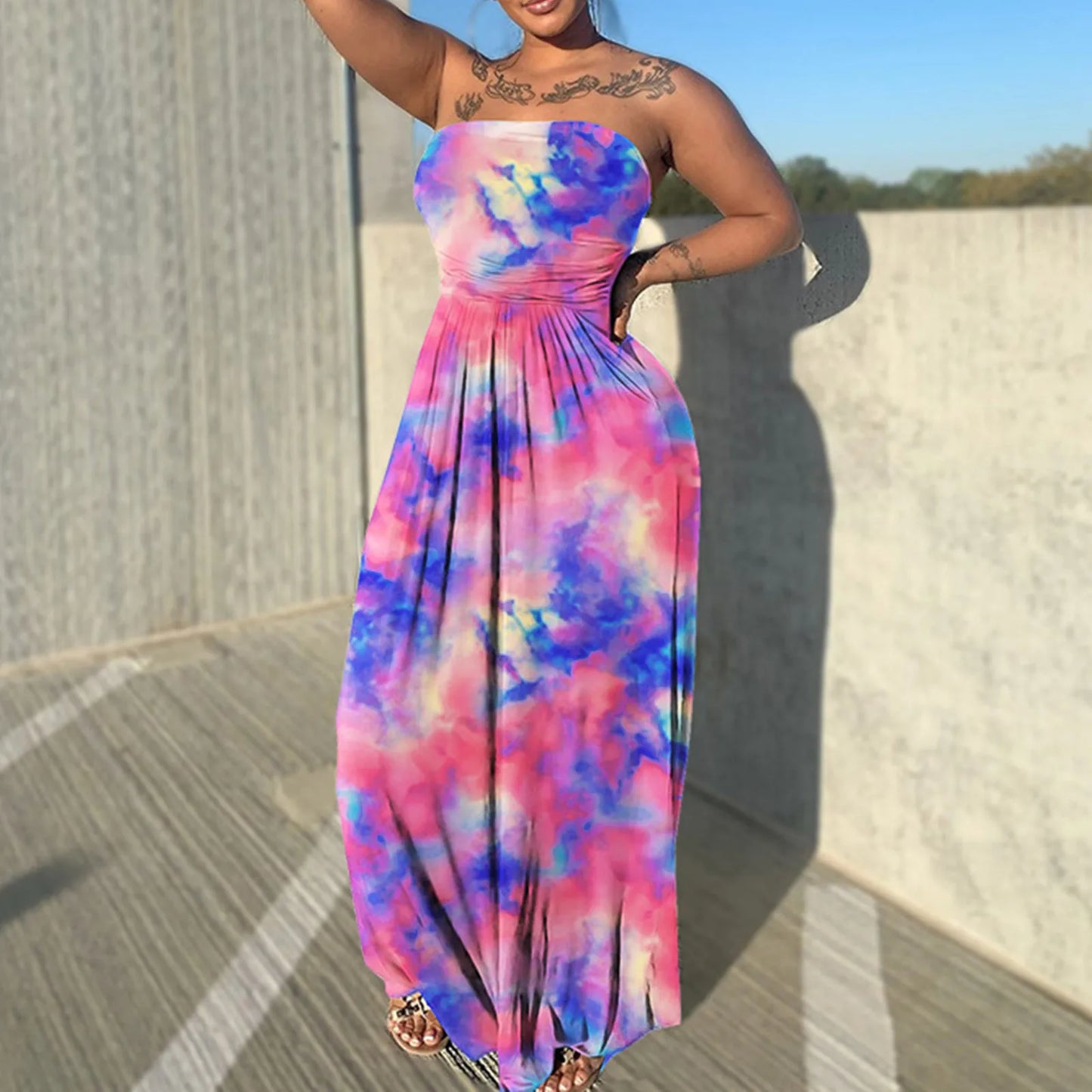 Tie Dye Print Sleeveless Strapless Long Flare Loose Floor Length Casual Sexy Outfit Beach Dress