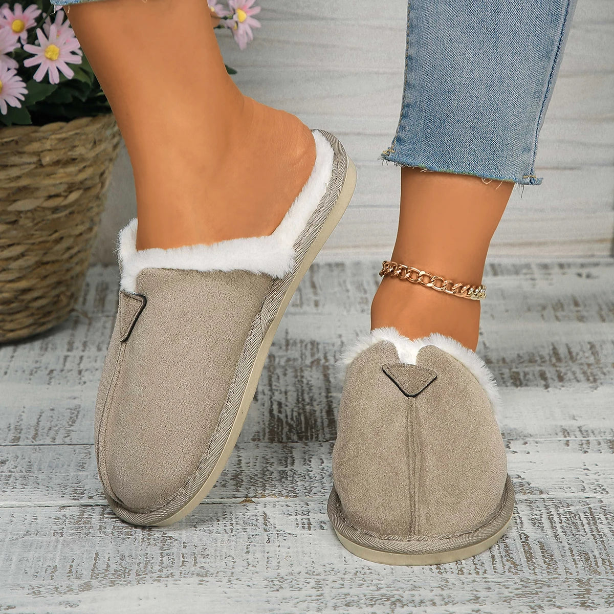 Women Warm Fur Cotton Slippers Flats Shoe Suede Winter Short Plush Luxury Fashion Casual Non-Slip Snow Boots Mujer Zapatos Mules