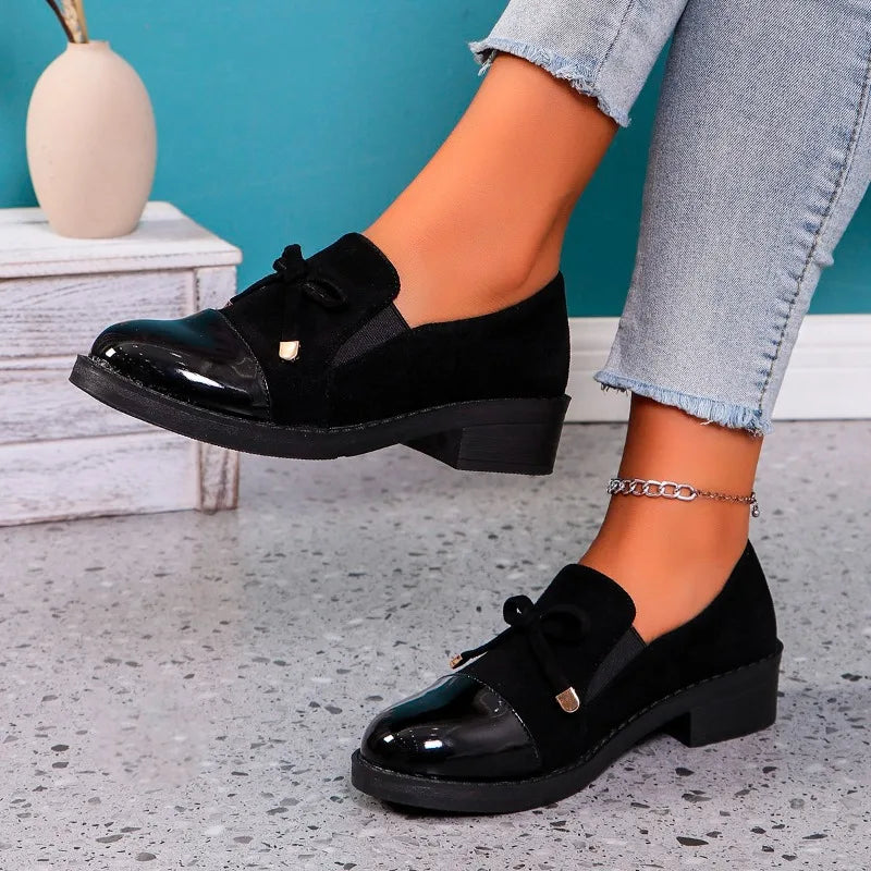 Black Leather Bow Autumn Sneakers Comfortable Casual Flat Loafers