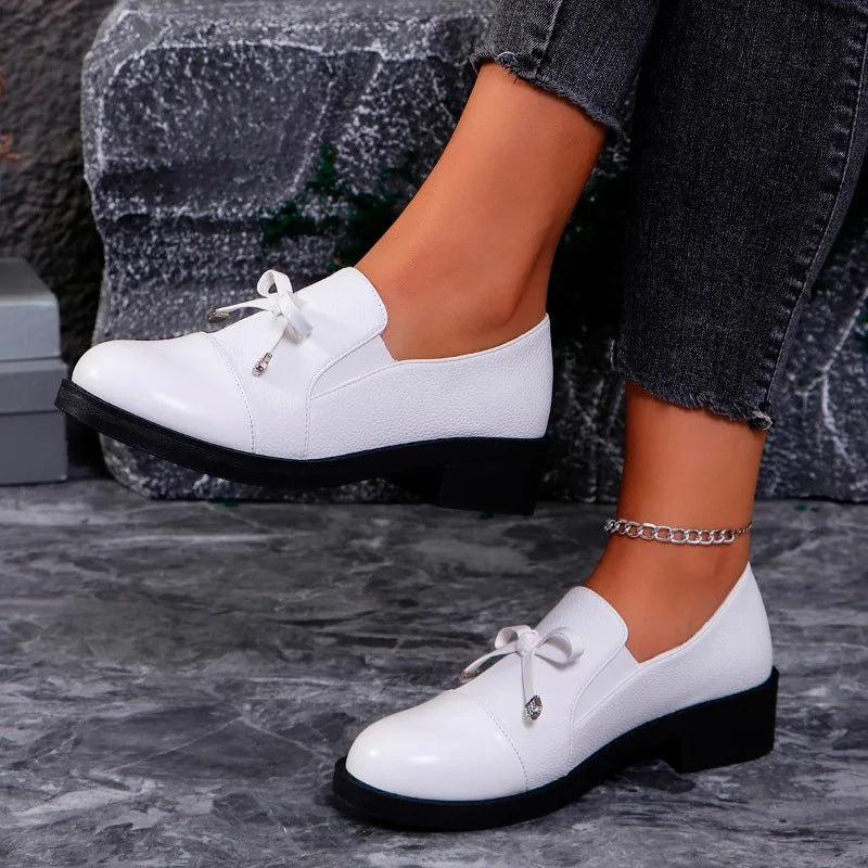 Black Leather Bow Autumn Sneakers Comfortable Casual Flat Loafers