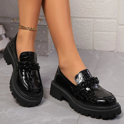 Chain Decor Black Patent Leather Comfortable Slip On Dress Loafers