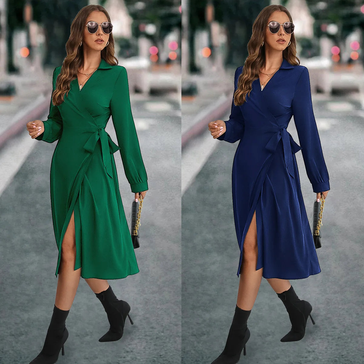 Cross V-neck Dark Green Korean Slim Midi Dresses