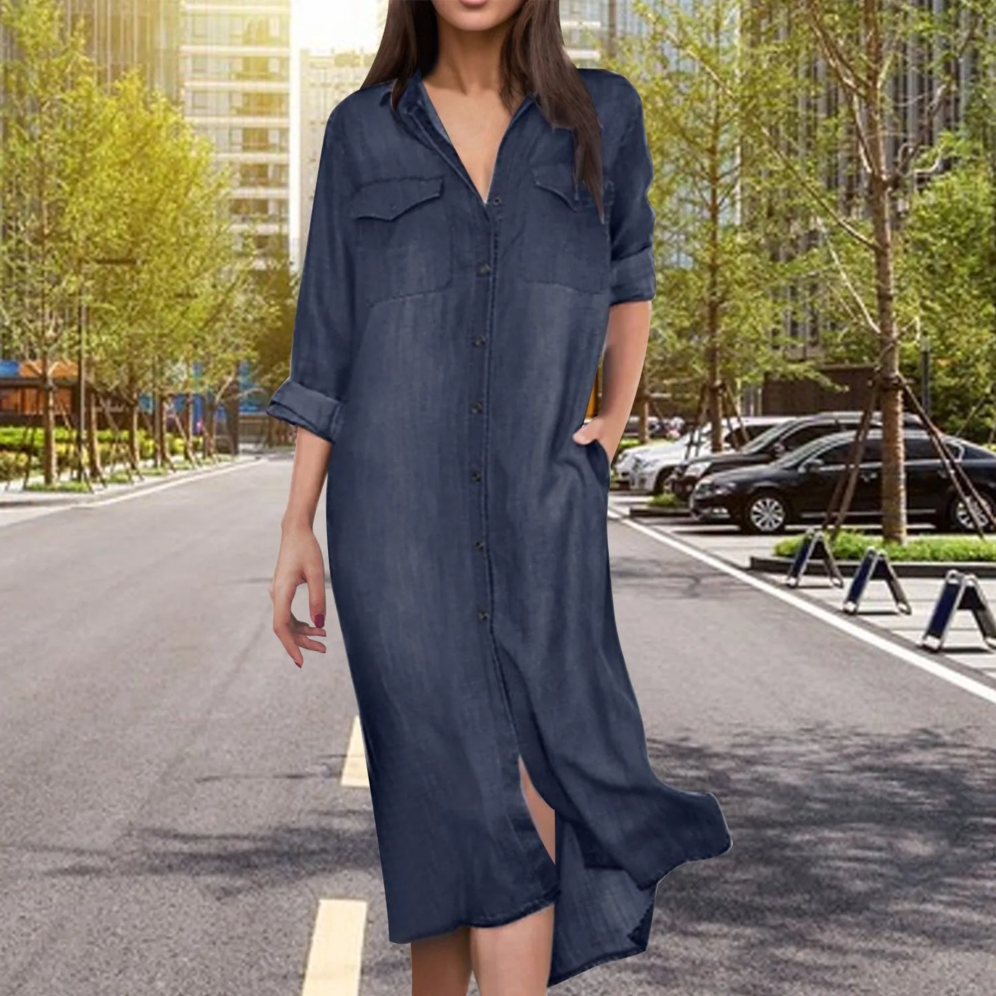 Solid Denim Buttoned Casual Autumn Maxi Single Breasted Spring Color Robe Dress