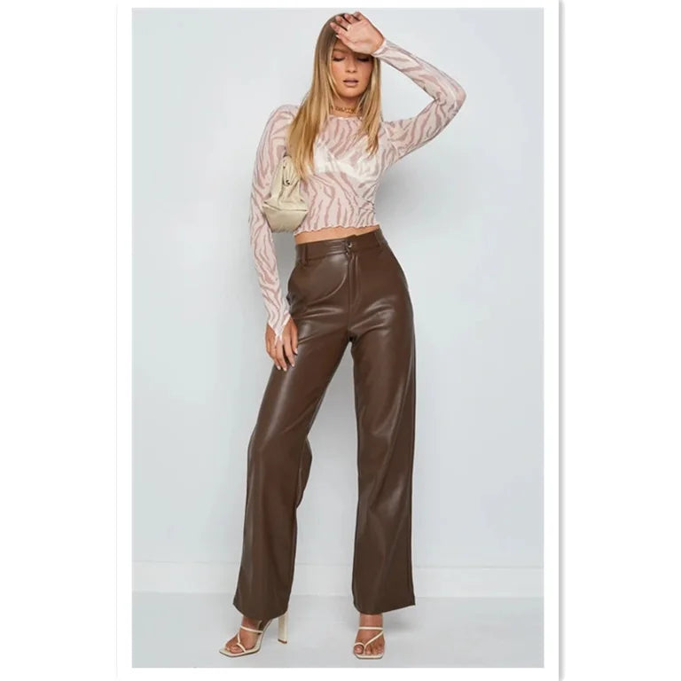 High Waist Wide Leg Straight Tube Autumn Winter Elastic PU Leather Pants