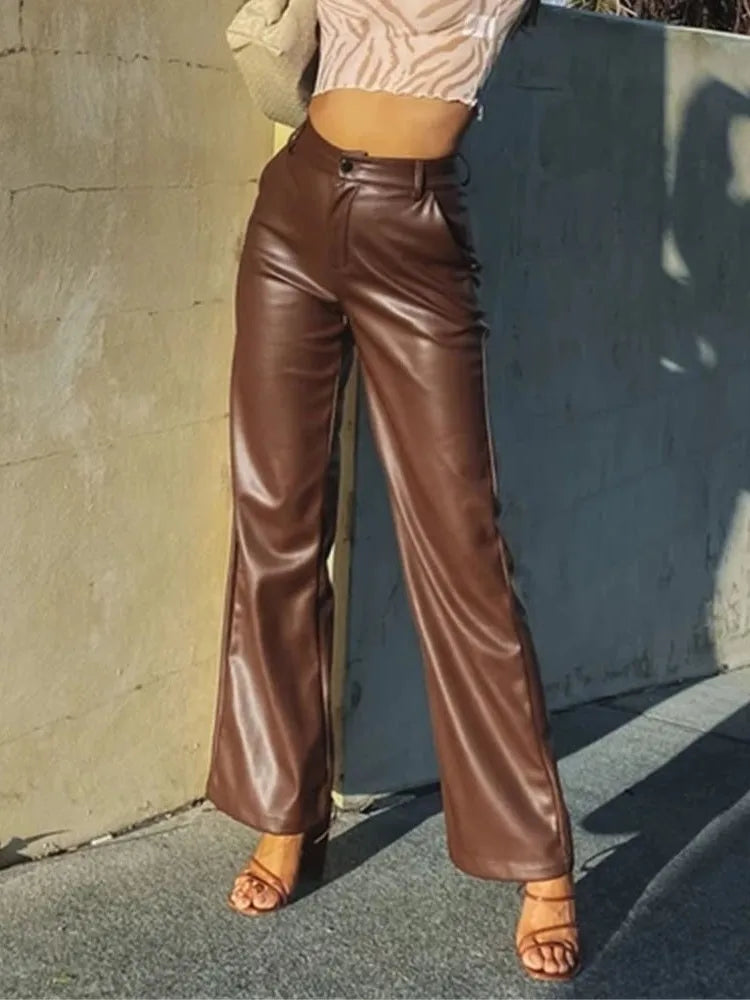 High Waist Wide Leg Straight Tube Autumn Winter Elastic PU Leather Pants