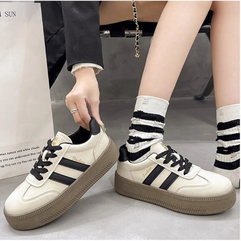 Women's Leather Thick Soled German Training Board Shoes 2024 Autumn Height-raising Walking Jogging Sneakers Platform Footwear