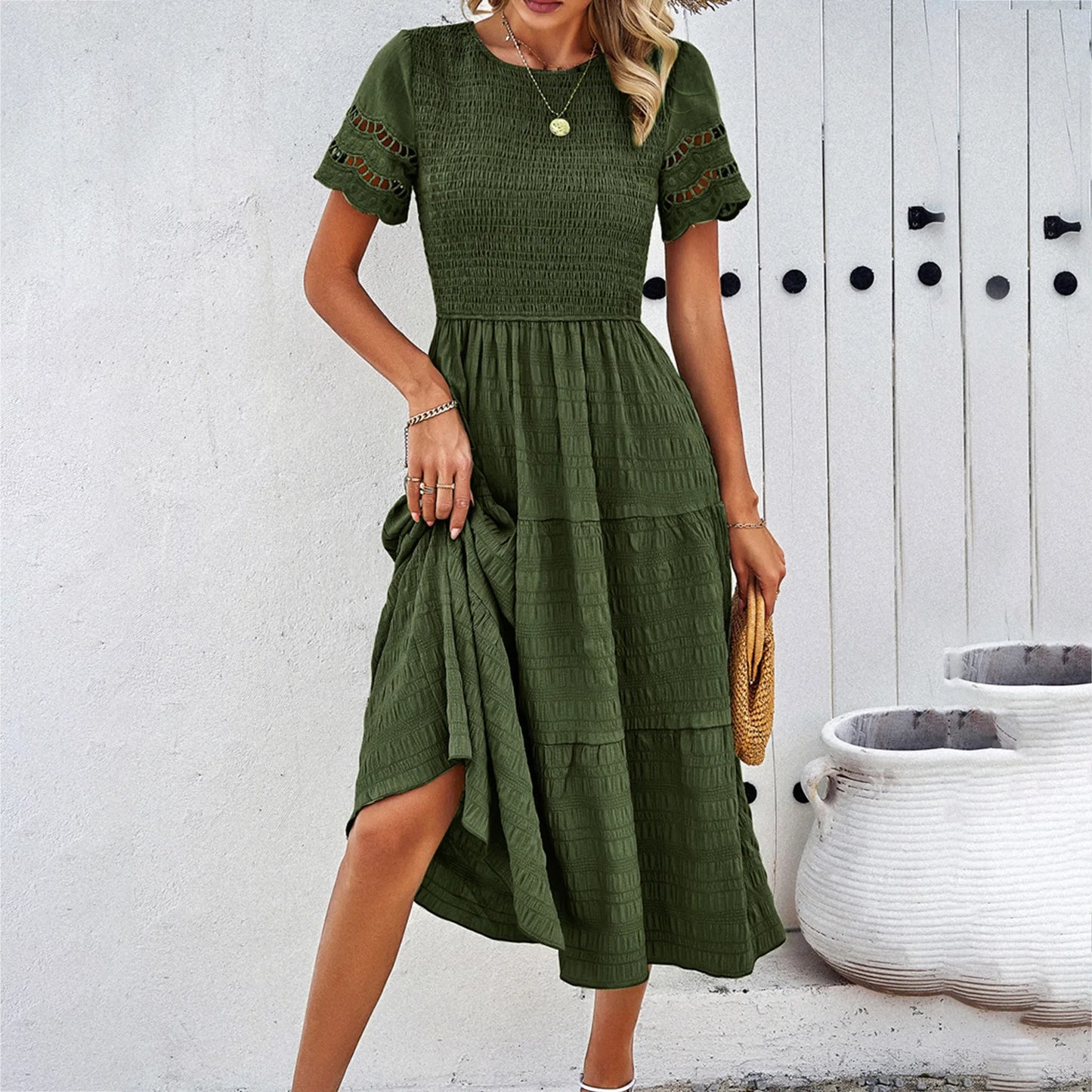 Solid Temperament Play Sheath Hollow Korean Midi Dresses