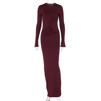 Women's Maxi Autumn Winter New Solid Crew-neck Personality Pleated Elegant Vestidos Midi Dresses