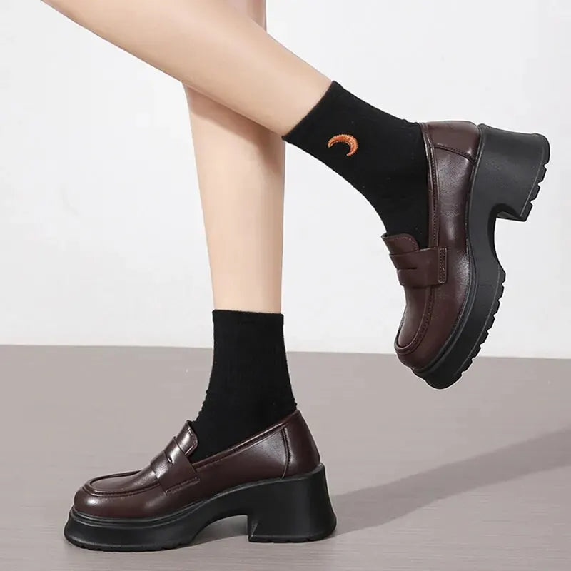 Slip On Thick Platform Black School Uniform Japan Style Leather Pumps Loafers