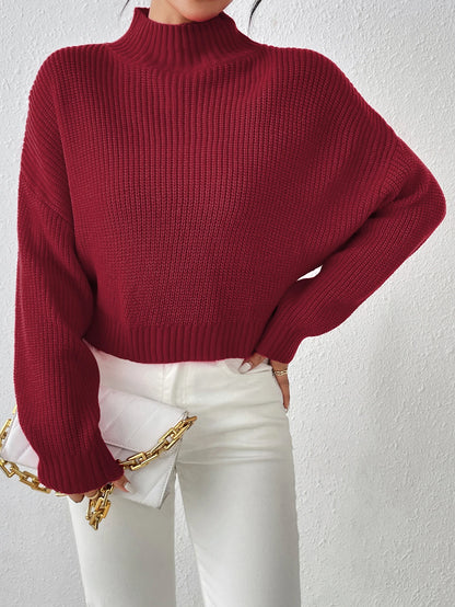 Ribbed Knitted Mock Long Solid High Drop Shoulder Sweater