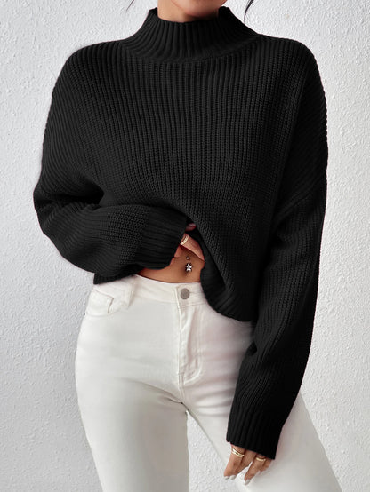 Ribbed Knitted Mock Long Solid High Drop Shoulder Sweater