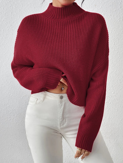 Ribbed Knitted Mock Long Solid High Drop Shoulder Sweater